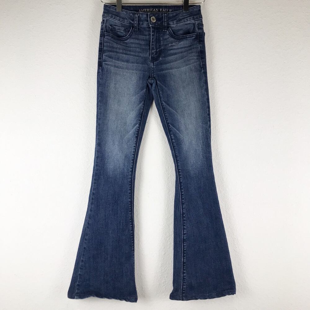 American Eagle Hi-Rise Artist Flare Jeans Whiskered Faded Denim Size 00
